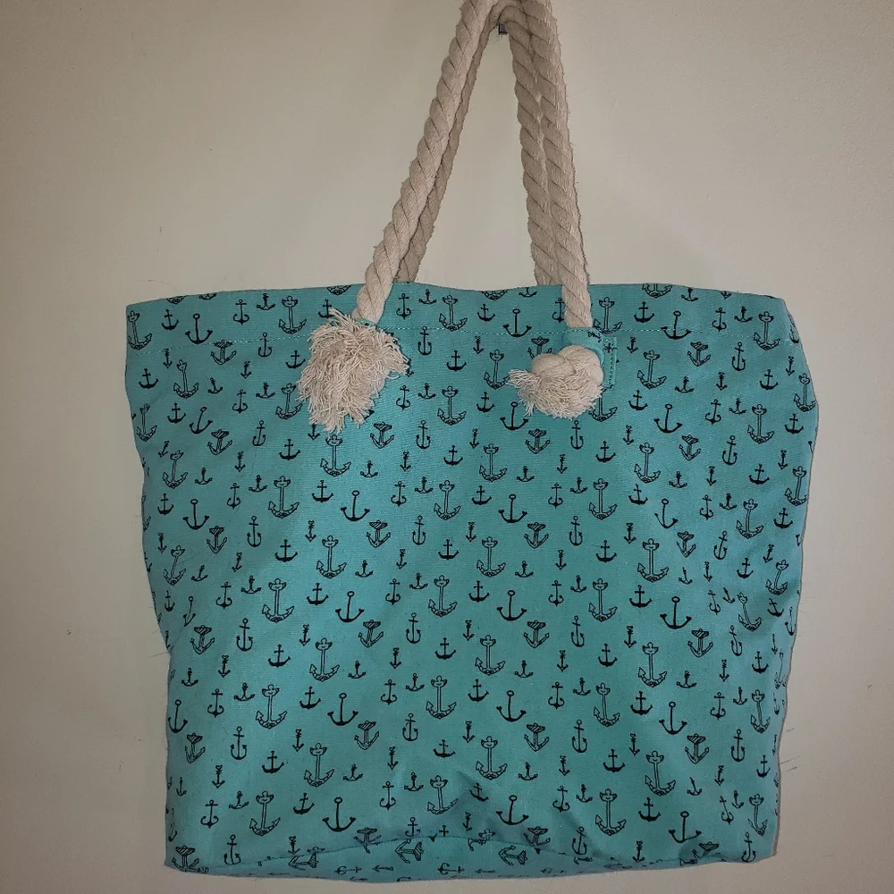 Beachy teal tote bag with black anchors and rope handles, large